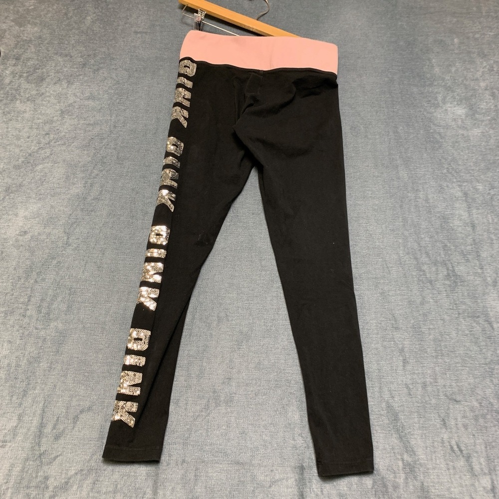 Victoria's Secret Pink Yoga Leggings Womens S Black Cotton Sequins Elastic Waist